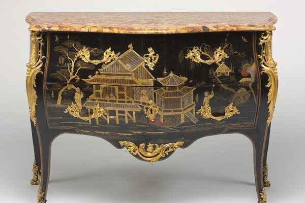 Adrien Faizelot Delorme, Chest of drawers (commode), 1745. Oak, black lacquer with raised chinoiserie decoration