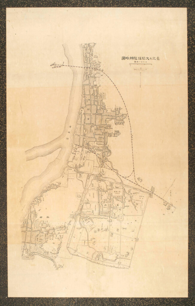 1895 map of Taipei, Dadaocheng (Twatutia) 大稻埕, and Mengjia (Bangka) 艋舺 produced by the Japanese military shortly after occupation.