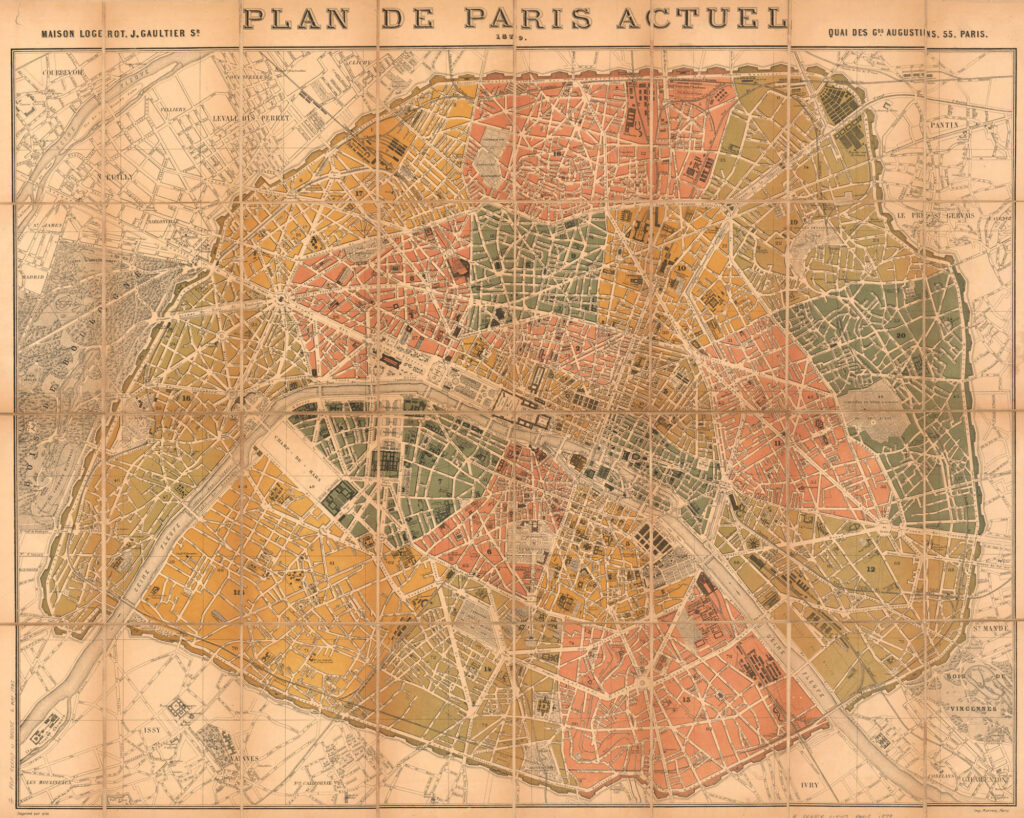J. Gaultier, Plan de Paris actuel, 1879, showing transformation of Paris under and after Georges-Eugène Haussmann.