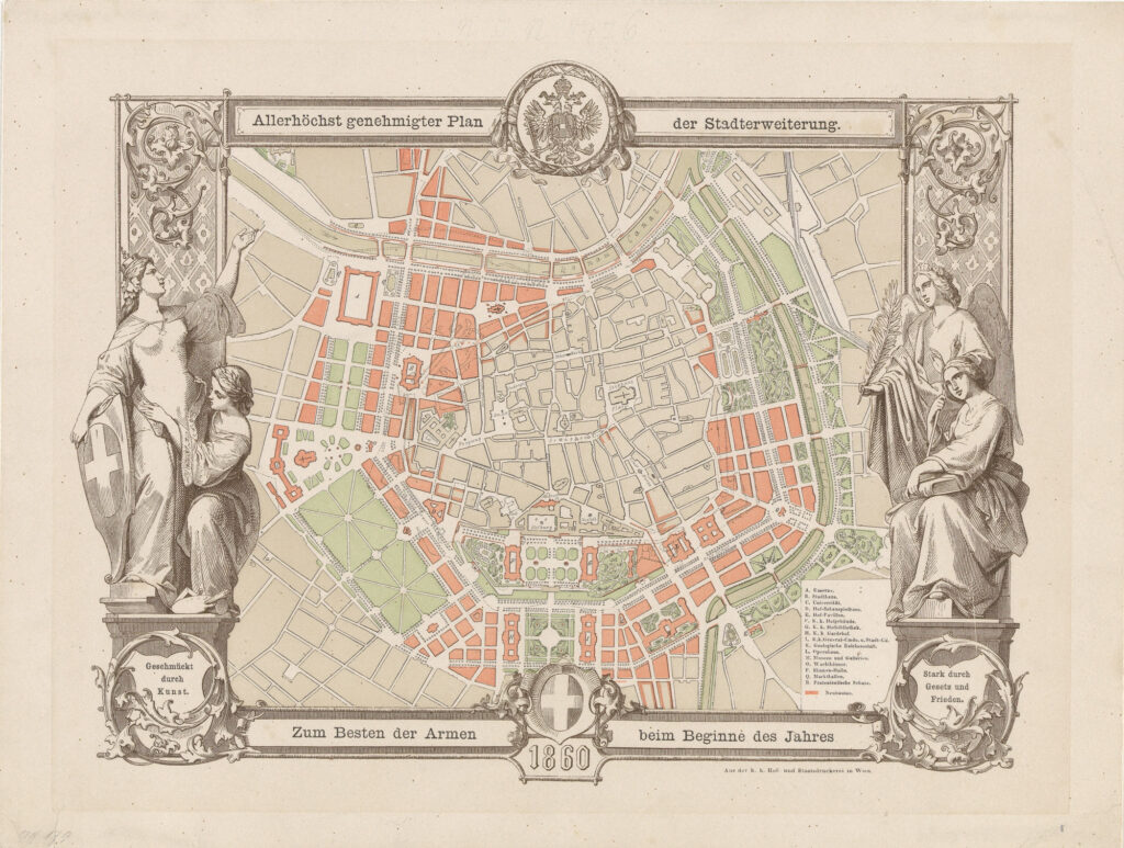 Imperial-Royal Court and State Printers at Vienna, Allerhöchst genehmigter Plan der Stadterweiterung (Authorized City Expansion Plan), 1860. (Source: Wien Museum, https://sammlung.wienmuseum.at/en/object/91457-allerhoechst-genehmigter-plan-der-stadterweiterung/)