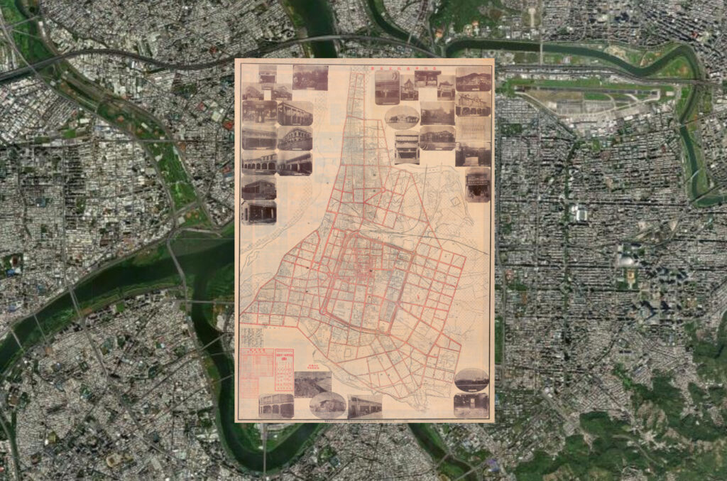 Map of Taipei City Improvement 台北市區改正全圖, 1907, overlaid on modern satellite image.