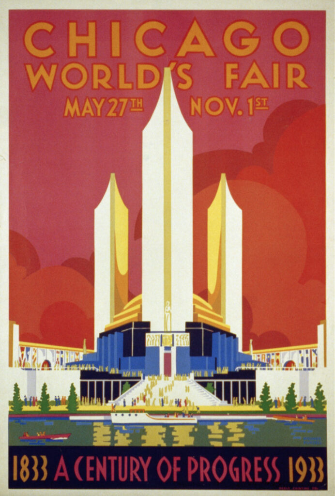 Weimer Pursell, poster for the Century of Progress Exposition, Chicago, 1933, with view of the Federal Building.