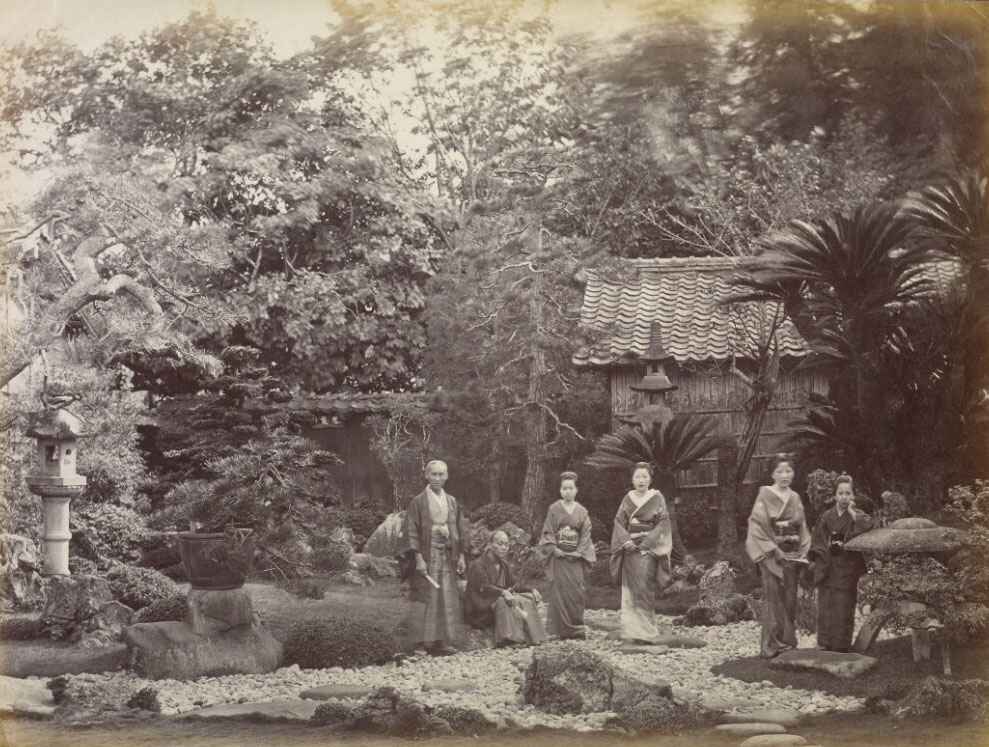 A Japanese Garden at Harra; Felice Beato (English, born Italy, 1832 – 1909); Harajuku, Japan; 1863–1868; Albumen silver print; 21.3 × 28.1 cm (8 3/8 × 11 1/16 in.); 2007.26.14; No Copyright – United States (https://rightsstatements.org/vocab/NoC-US/1.0/)
