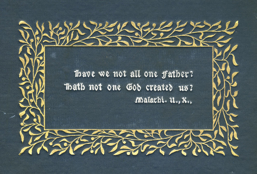 Scripture on cover of book, The World’s Parliament of Religions; An Illustrated and Popular Story of the World’s First Parliament of Religions, held in Chicago in Connection with the Columbian Exposition of 1893, edited by John Henry Barrows.
