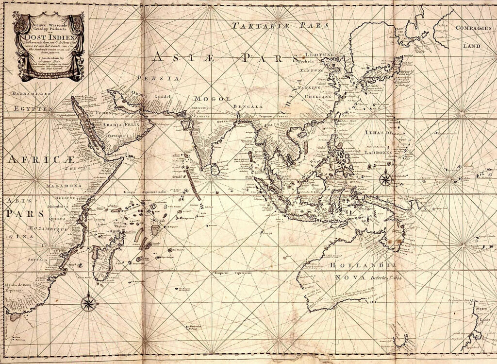 Map of the East Indies showing the official trade zone (octrooigebied) of the VOC, or Dutch East Indies Company. Printed c. 1700. Artwork in the public domain. © Nationaal Archief Ref. 4.VEL-TBL9.
