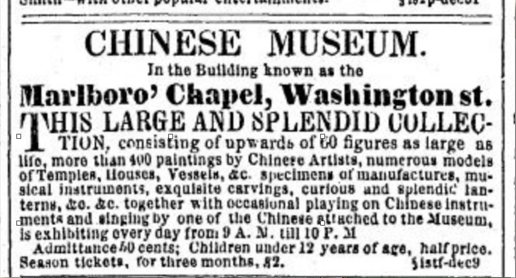 Advertisement for the Chinese Museum, Boston. (Boston Daily Atlas, Jan. 1, 1846)