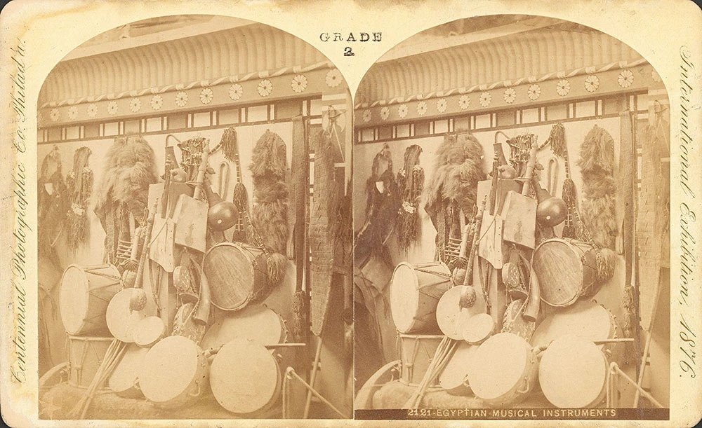 “Egyptian musical instruments.” Stereo photograph from the Centennial Exhibition, Philadelphia, 1876. Centennial Photographic Co. (Source: Free Library of Philadelphia)