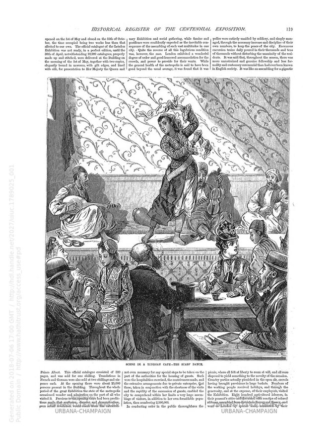 “Scene in a Tunisian Café – The Scarf Dance.” Frank Leslie’s Historical Register of the United States Centennial Exposition, 1876 (edited by Frank W. Norton), p. 119. (Source: Smithsonian Libraries)
