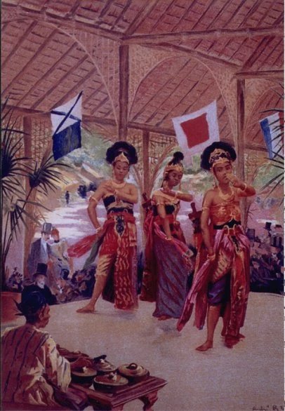 Javanese dancers at the Paris exposition 1889. Gravure by d'André Brouillet - Bibliothèque Forney. From Revue de l'Exposition Universelle de 1889, tome 1, fig.104. 