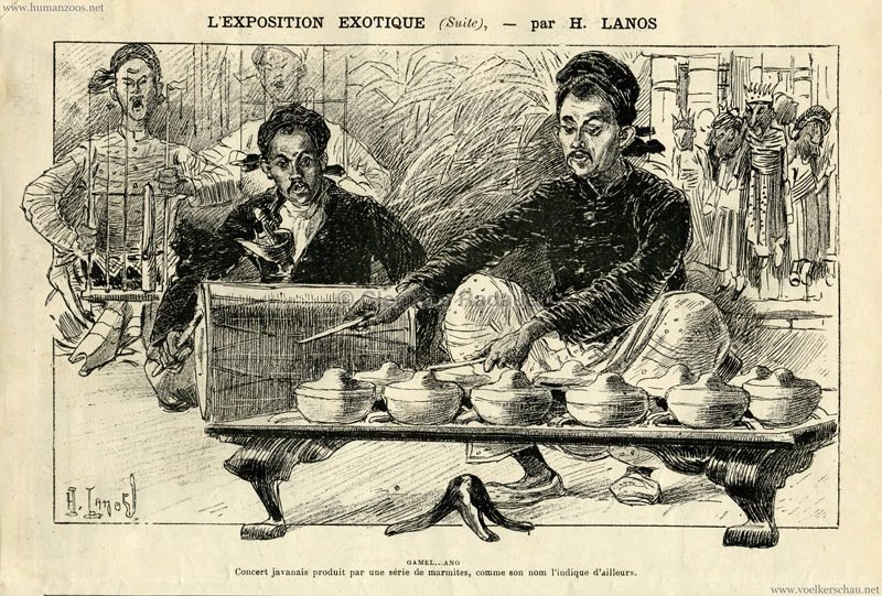 "Concert javanais produit par un série de marmites, comme son nom l'indique d'ailleurs." Gamelan performer at the 1889 Paris exposition. From L'Exposition exotique. (Source: https://humanzoos.net/?page_id=10318)