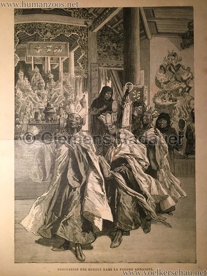 Procession des Bonzes dans la Pagode Annamite, Paris Exposition 1889. Published in C.-L. Huard, Livre d'Or de l'Exposition, Tome II,  p. 473. Paris: L. Boulanger. (Source: Internet Archive https://archive.org/details/livreddelexposi2huara/page/n7/mode/2up)