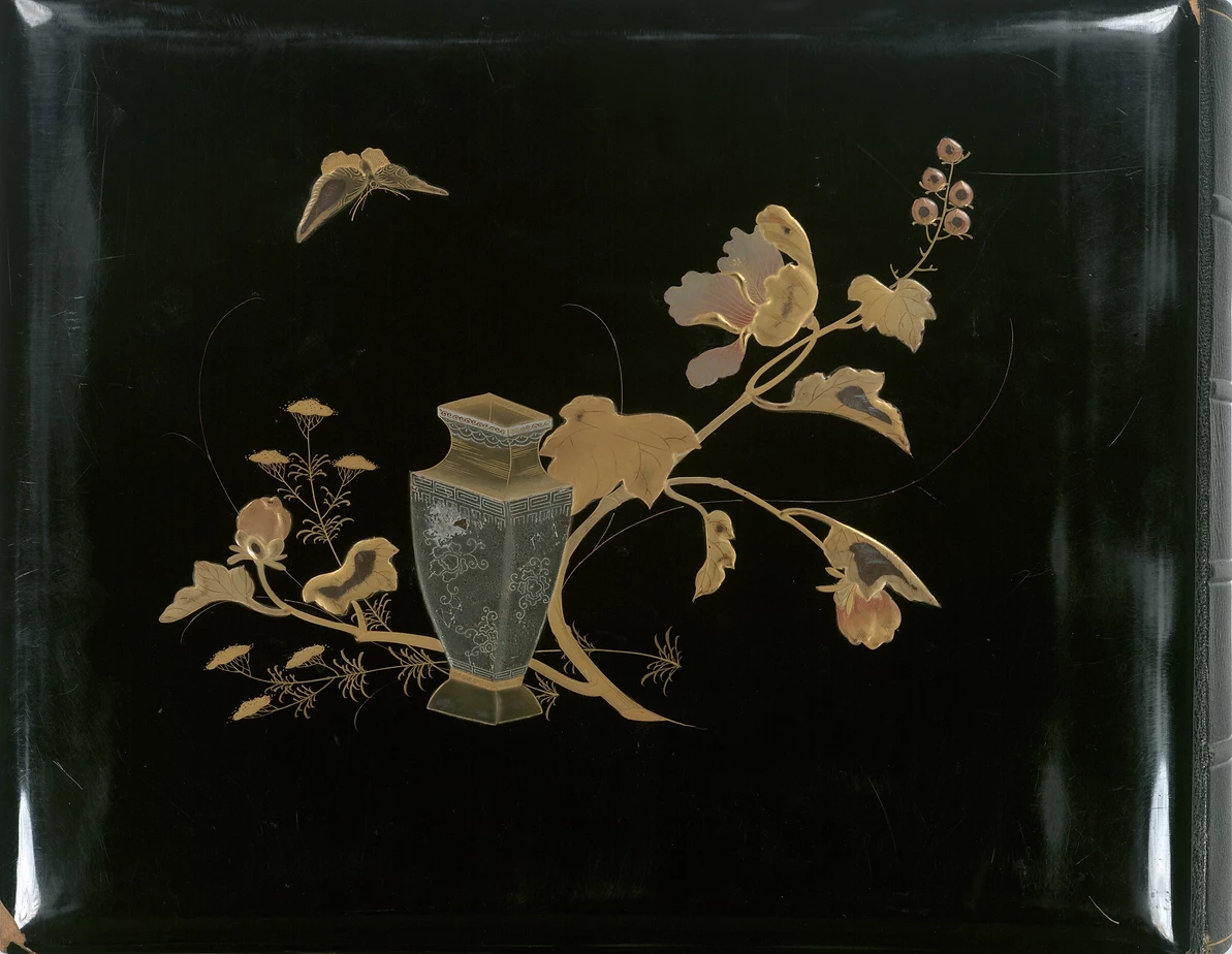 Lacquer cover inlaid with mother-of-pearl, ivory and wood. Back Cover (Flower Vase and Butterfly) (Source: New York Public Library)