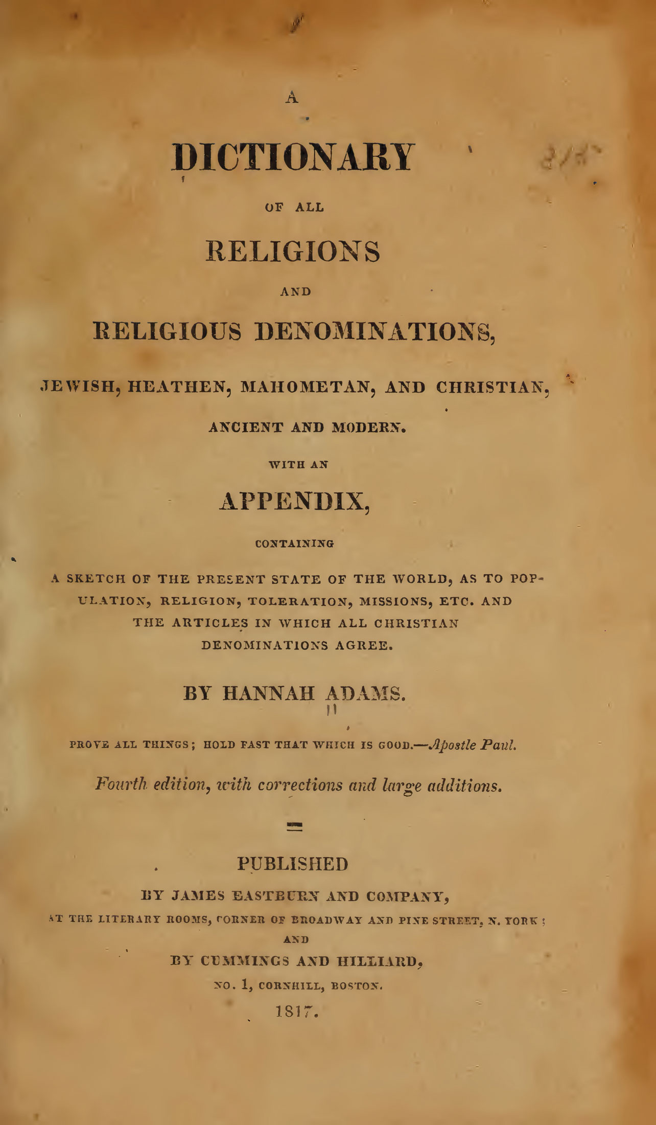 Adams, Hannah 1817. A Dictionary of All Religions