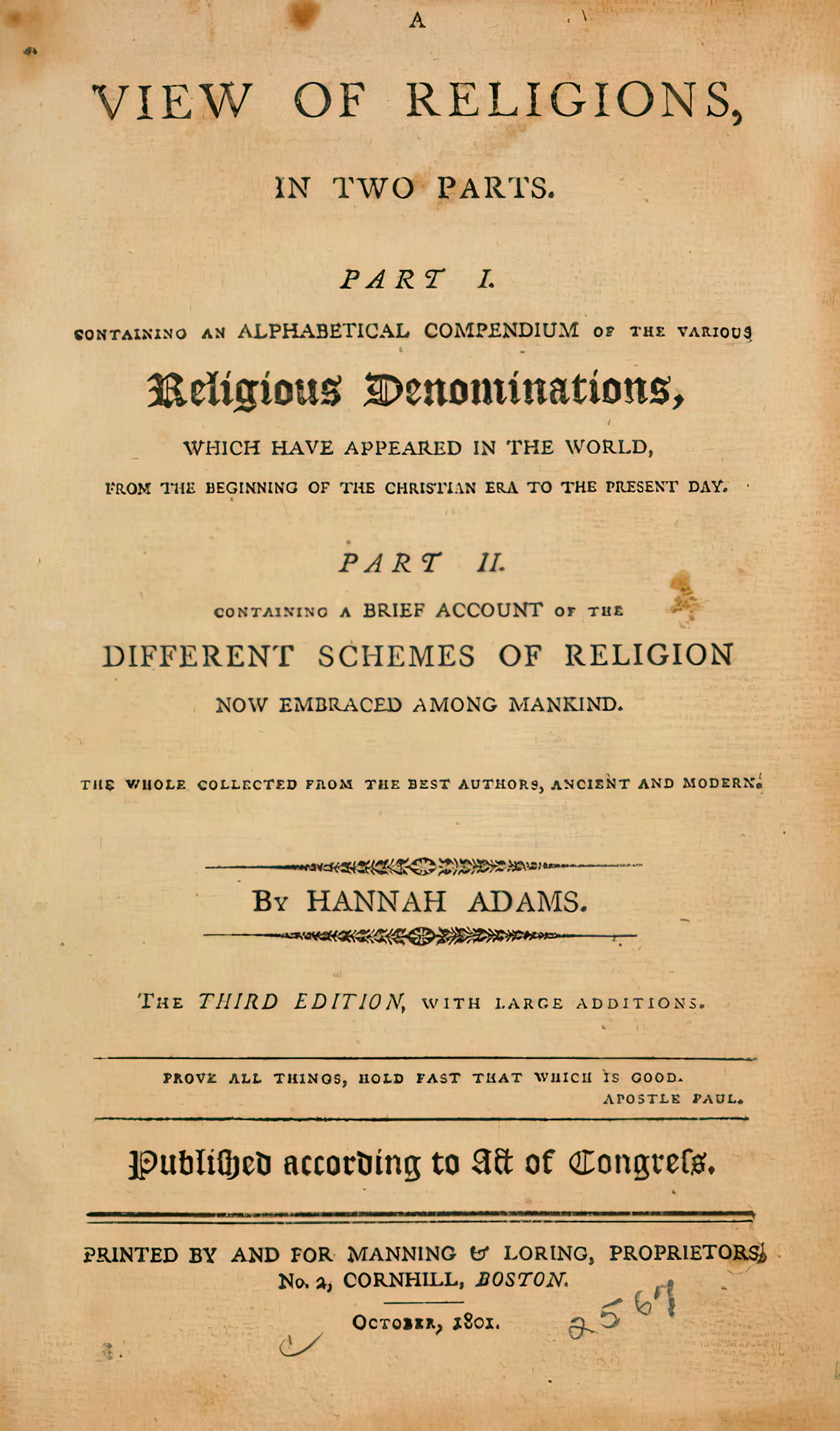 Adams, Hannah. View of All Religions, title page