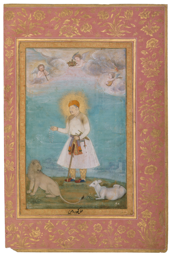 Akbar With Lion and Calf_, Folio from the Shah Jahan Album. Painting by Govardhan (active ca. 1596–1645). Metropolitan Museum of Art, Purchase, Rogers Fund and The Kevorkian Foundation Gift, 1955. Accession Number 55.121.10.22