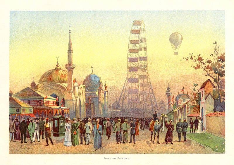 Along the Midway with Plaisance Ferris Wheel in distance - Color plate by Charles S. Graham from The World's Fair in Water Colors. Digital ID GN90799d_WFWC_16w. World's Columbian Exposition Collection at The Field Museum