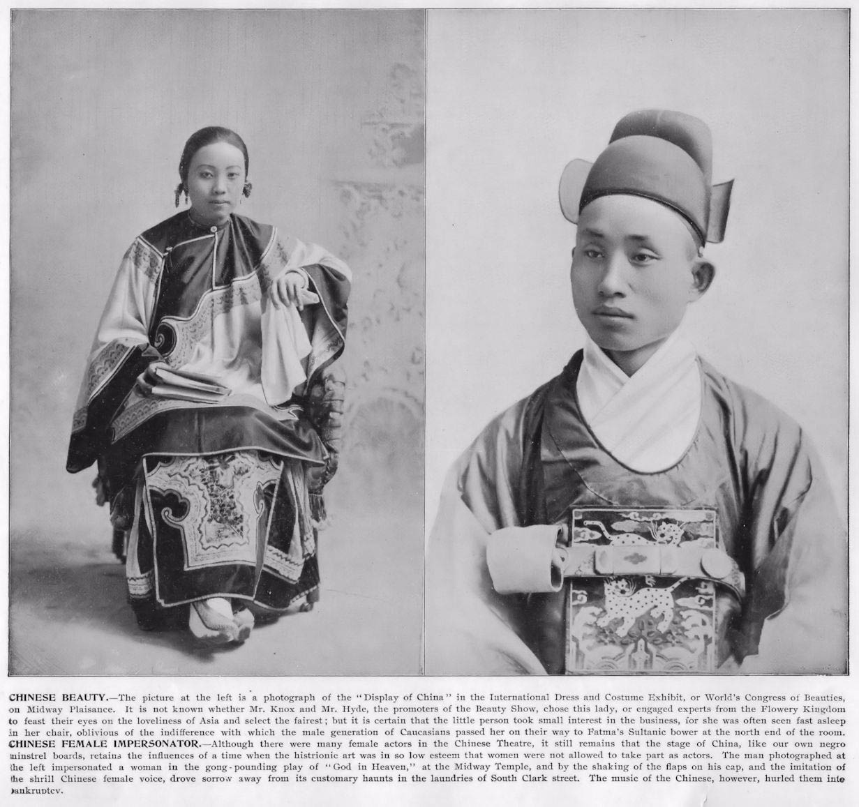 Chinese woman from the Congress of Beauty (L) and Chinese female impersonator from the Chinese Theater (R) Chicago 1893 Midway Plaisance