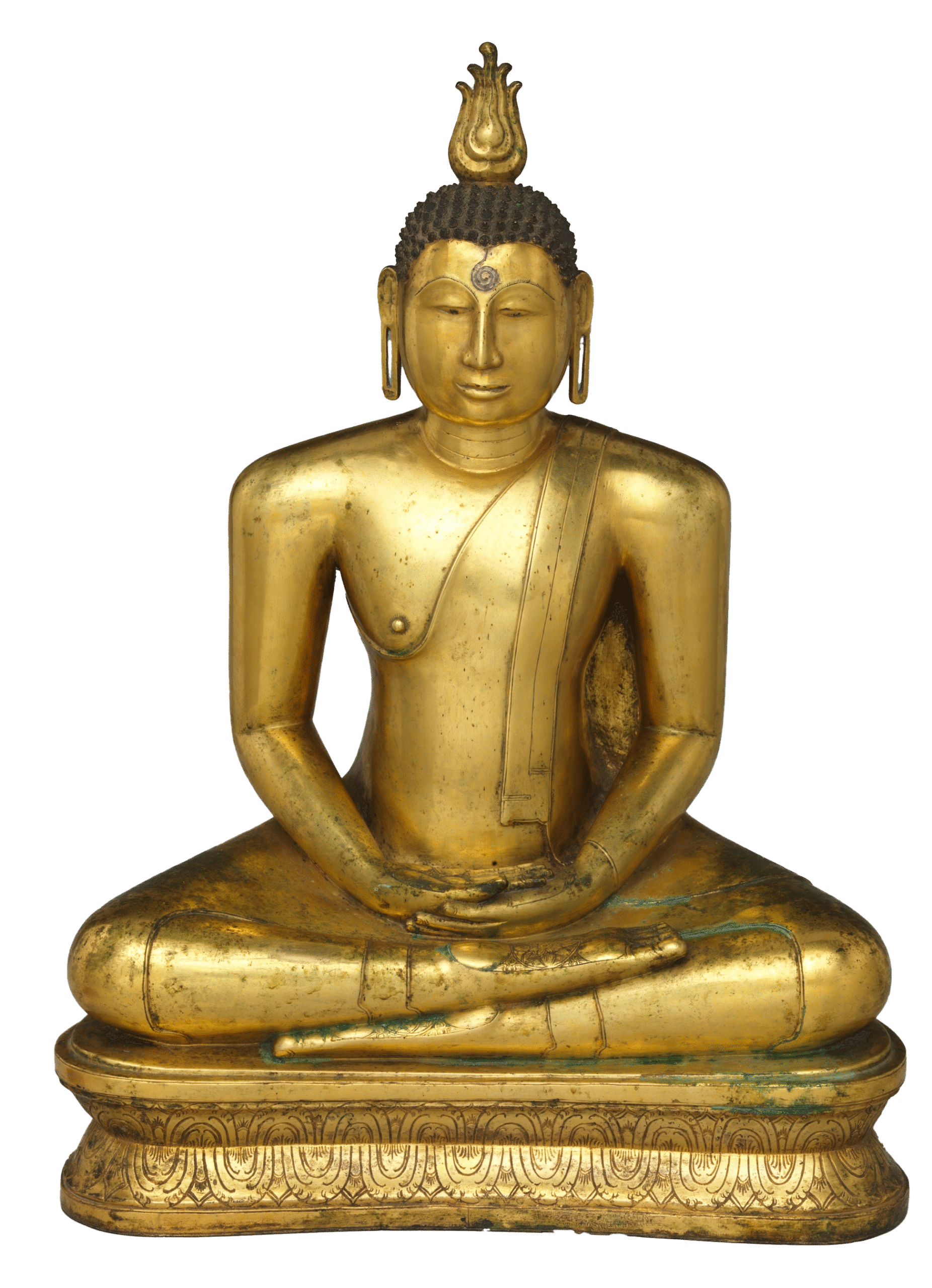 Gilded copper alloy statue of Buddha seated in meditation. Divided Kingdoms period, 16th century, western Sri Lanka.