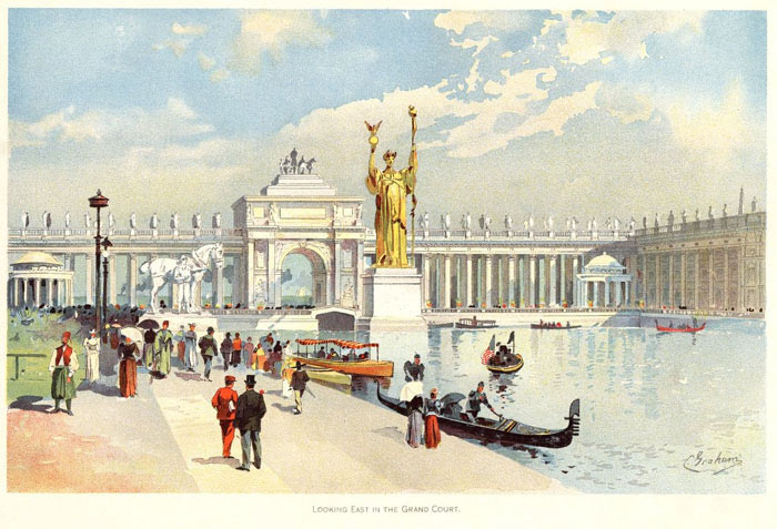 "Looking East in the Grand Court" Color plate by Charles S. Graham from The World's Fair in Watercolors. Original approx. 8.8 x 11 in. 1893