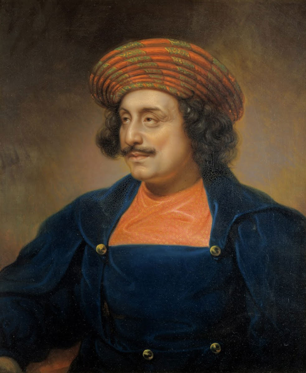Portrait of Raja Ram Mohan Roy, painted in London in 1833 by Rembrandt Peale (American, 1778-1860). Roy wears a red and gold turban common to early 19th-century Bengali Hindus. (Source: American Decorative Arts, Peabody Essex Museum, No. 137982)