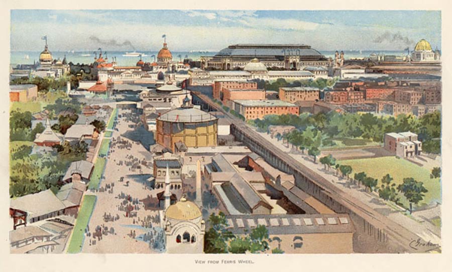 View from the Ferris Wheel Color plate by Charles S. Graham from The World's Fair in Water Colors. Digital ID GN90799d_WFWC_01w. World's Columbian Exposition Collection at The Field Museum