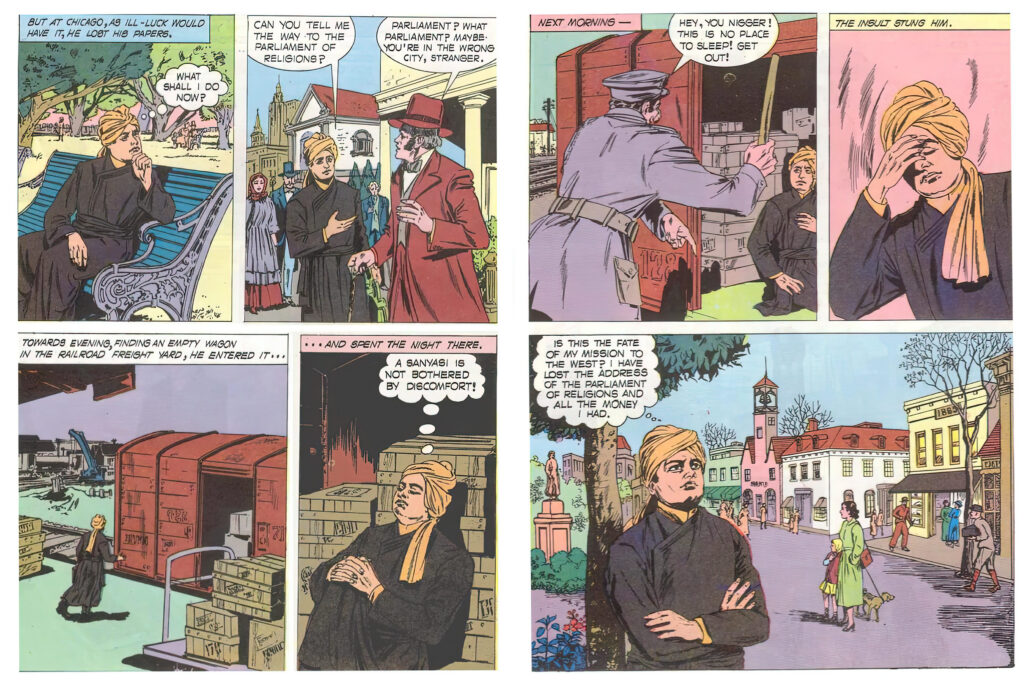 Vivekananda in a box car comic strip