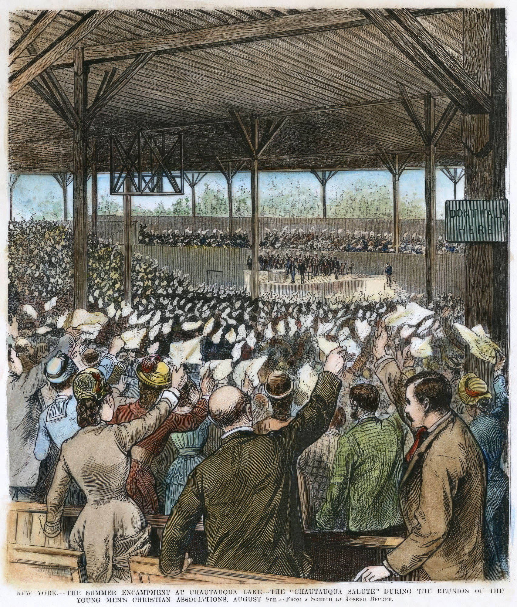 An enthusiastic crowd giving a “Chautauqua Salute” at a YMCA gathering in Chautauqua Lake, New York, in 1880.