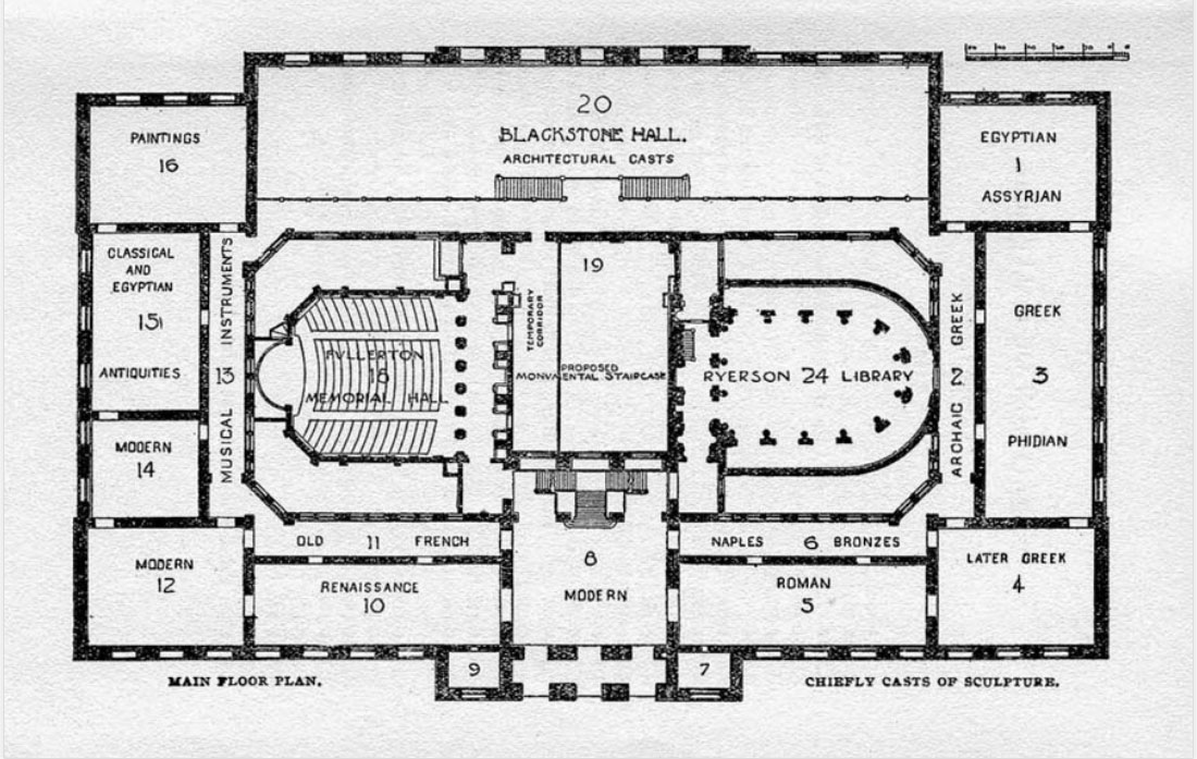 Art Institute Floor Plan, 1907. The original Hall of Columbus and Hall of Washington by this time had been reconfigured into Fullerton Memorial Hall and Ryerson Library
