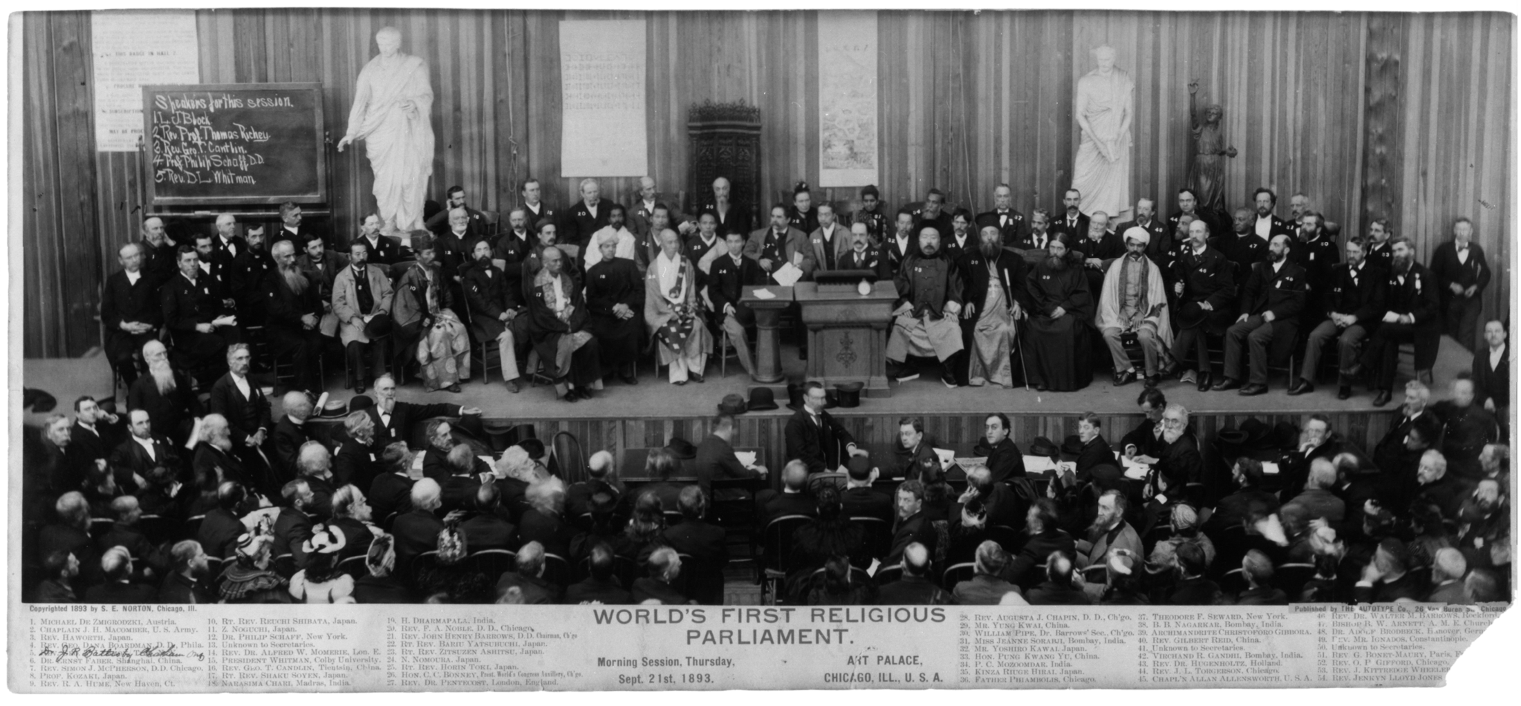 Delegates on the stage of the World's First Religious Parliament, Art Palace, Chicago, Illinois, September 21, 1893