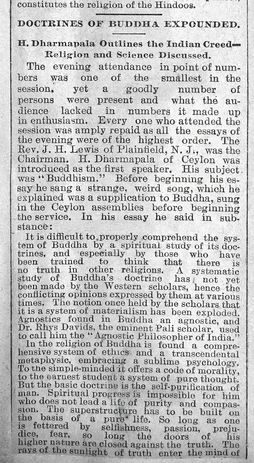 Doctines of Buddha Expounded. H. Dharmapala Outlines the Indian Creed. Chicago Daily Tribune (1872-1922); Chicago, Ill.. 20 Sep 1893, p 1