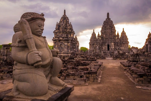 Dvarapala statue at the temple at Candi Sewu in central Java, Indonesia, ca. 8th c. CE.