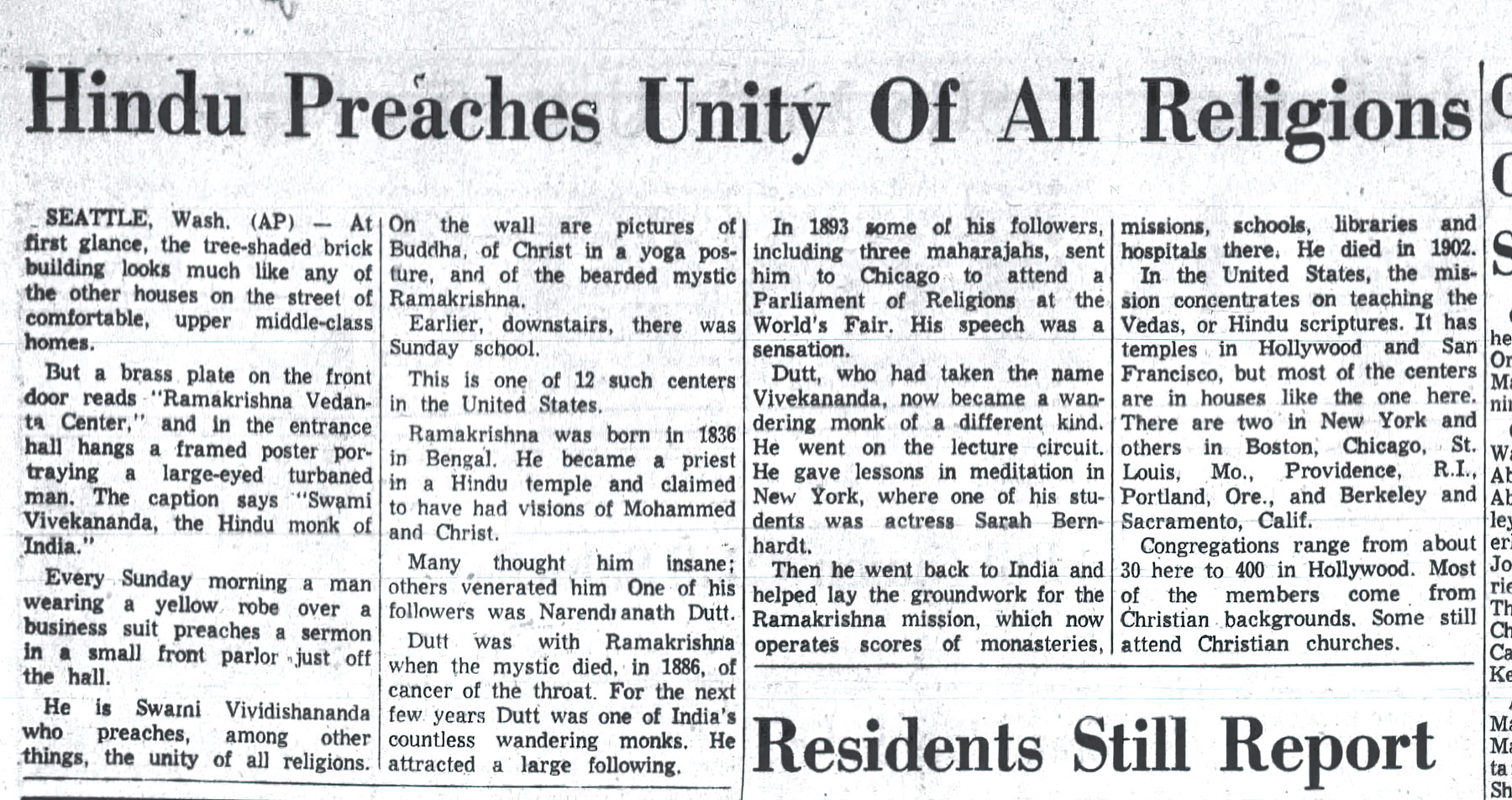 News Clipping - Hindu preaches unity of all religions [Vivekananda, Ramakrishna Vedanta Society of Seattle] The Times (Streator, Illinois) 18 Nov 1960, Fri Page 3