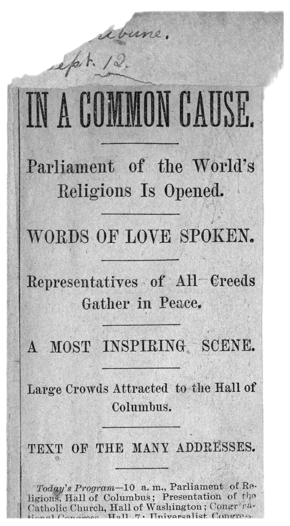 “A Most Inspiring Scene.” Newspaper headline announcing the opening of the Parliament of the World's Religions, Chicago Daily Tribune, Sept. 12, 1893.