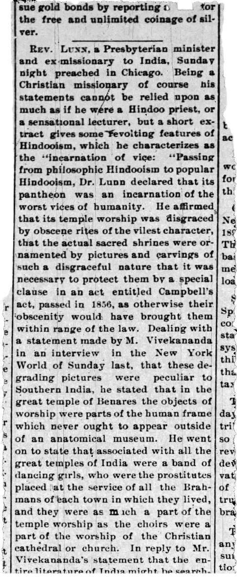 Rev. Lunn's harsh critique of Vivekananda and Hinduism, kama sutra etc. The Streator Free Press (Streator, Illinois) 15 Feb 1894, Thu Page 4