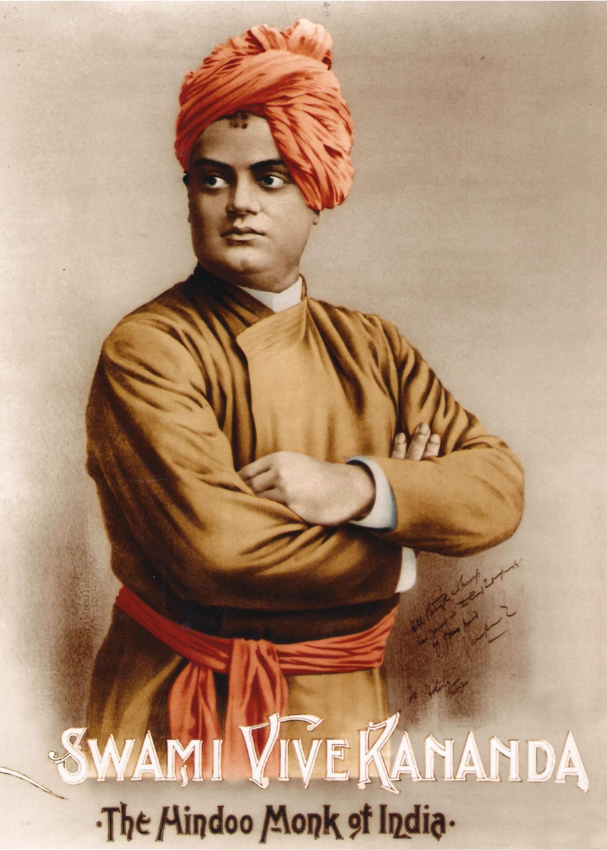 Swami Vivekananda depicted on a popular poster that was displayed around Chicago during the World Parliament of Religions. Goes Lithographic Co., Chicago, lithographic poster, 1893.