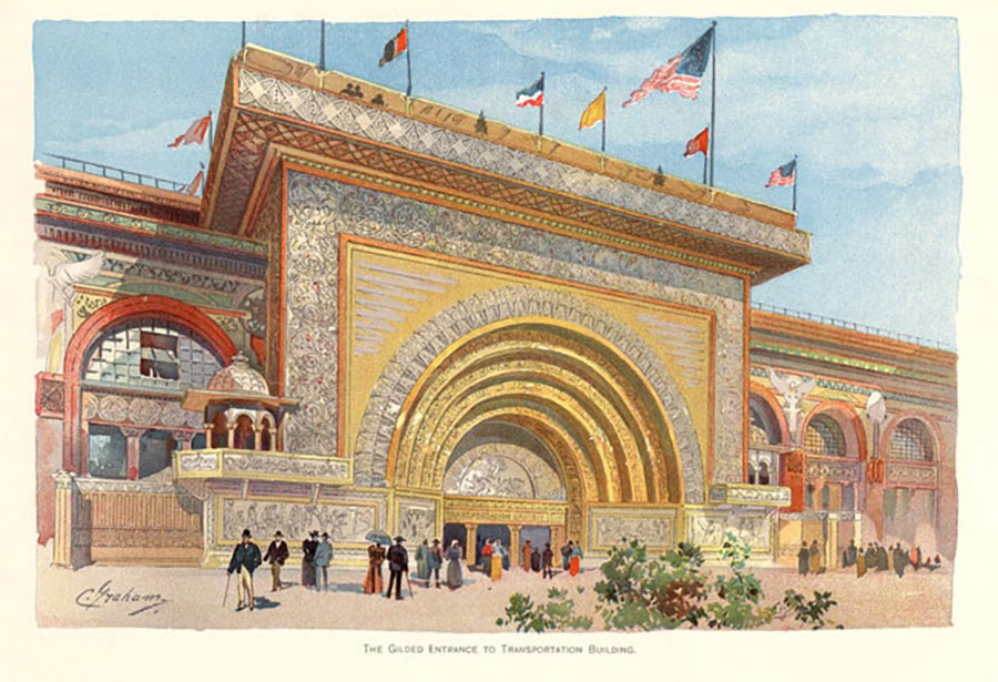 "The Gilded Entrance to the Transportation Building." Architect Louis Sullivan. Color plate by Charles S. Graham from The World's Fair in Water Colors. 1893. Digitial ID GN90799d_WFWC_06w. World's Columbian Exposition Collection at The Field Museum