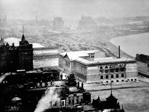 View of the World's Congresses Hall (later called the Memorial Art Palace and then the Art Institute of Chicago) under construction in 1892 for the upcoming World’s Columbian Exposition.