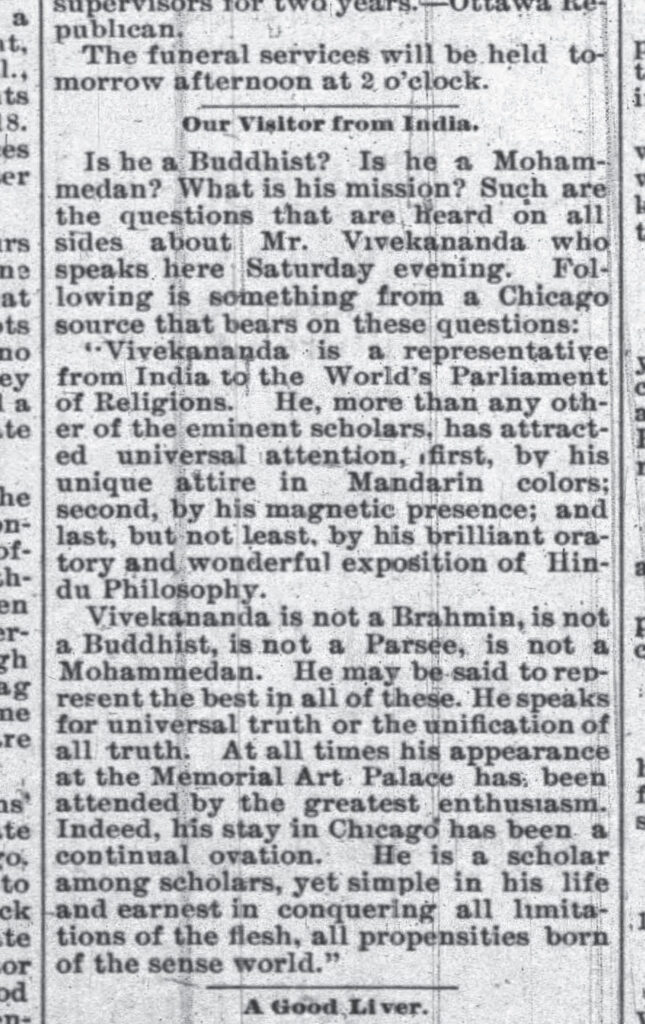 Our visitor from India [Vivekananda lectures in Streator IL]