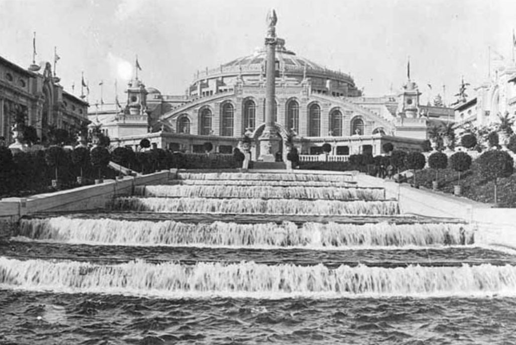 1909, Alaska-Yukon-Pacific Exposition (Seattle) Main Building - View of the cascades with the US Government Building in the background.