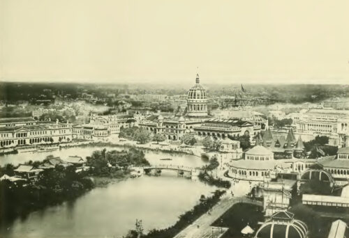 (Source: C.D. Arnold and H. D. Higinbotham, Official Views of the World’s Columbian Exposition, 1893) Birds Eye View Looking Northwest from Liberal Arts Building. Official Views of the World’s Columbian Exposition.