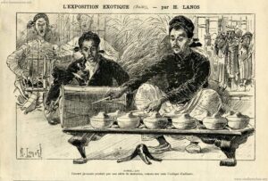 "Concert javanais produit par un série de marmites, comme son nom l'indique d'ailleurs." Gamelan performer at the 1889 Paris exposition. From L'Exposition exotique. (Source: https://humanzoos.net/?page_id=10318)
